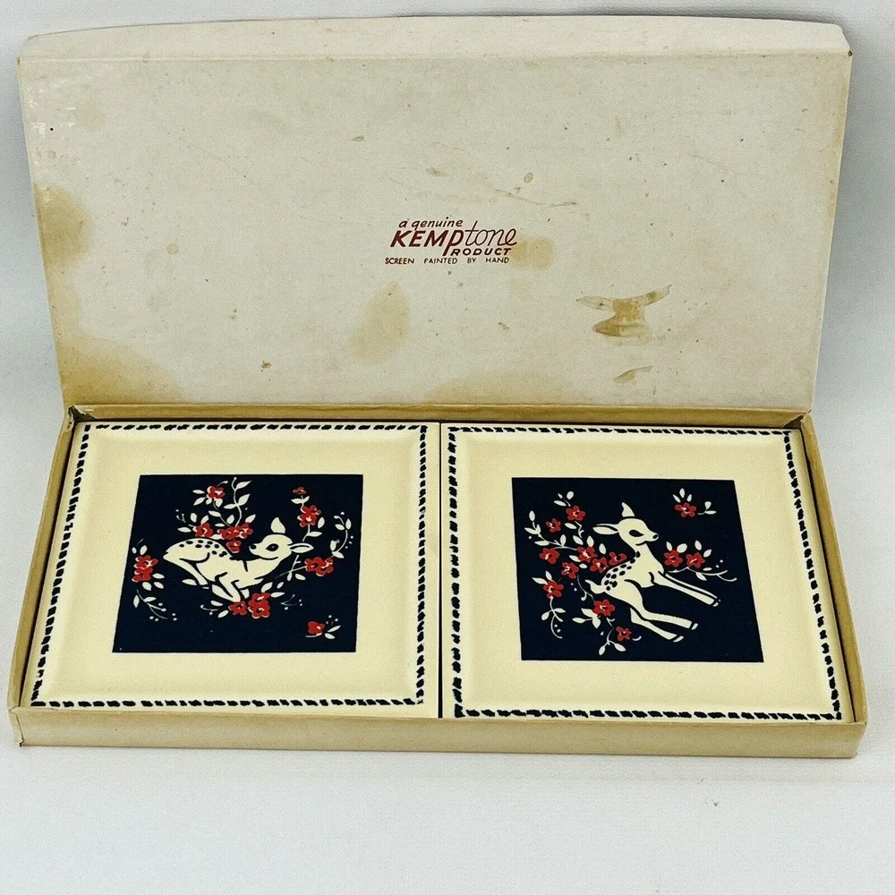 Vintage Kemptone Deer Tile‎ Set of 2 Ivory Blue Pink Flowers 4x4 Original Box